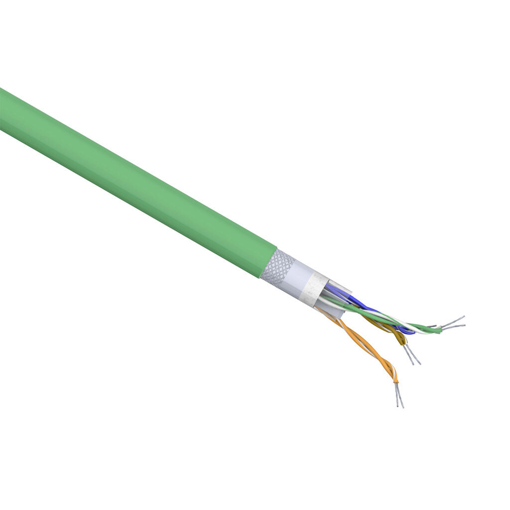 H803387-1 - Helukabel HELUKAT continuous flexing Cat6 industrial Ethernet cable, overall shielded, 4 twisted pairs, 26 AWG, 19-stranded, tinned copper, polypropylene conductor insulation material, PUR jacket, green, cut to length.