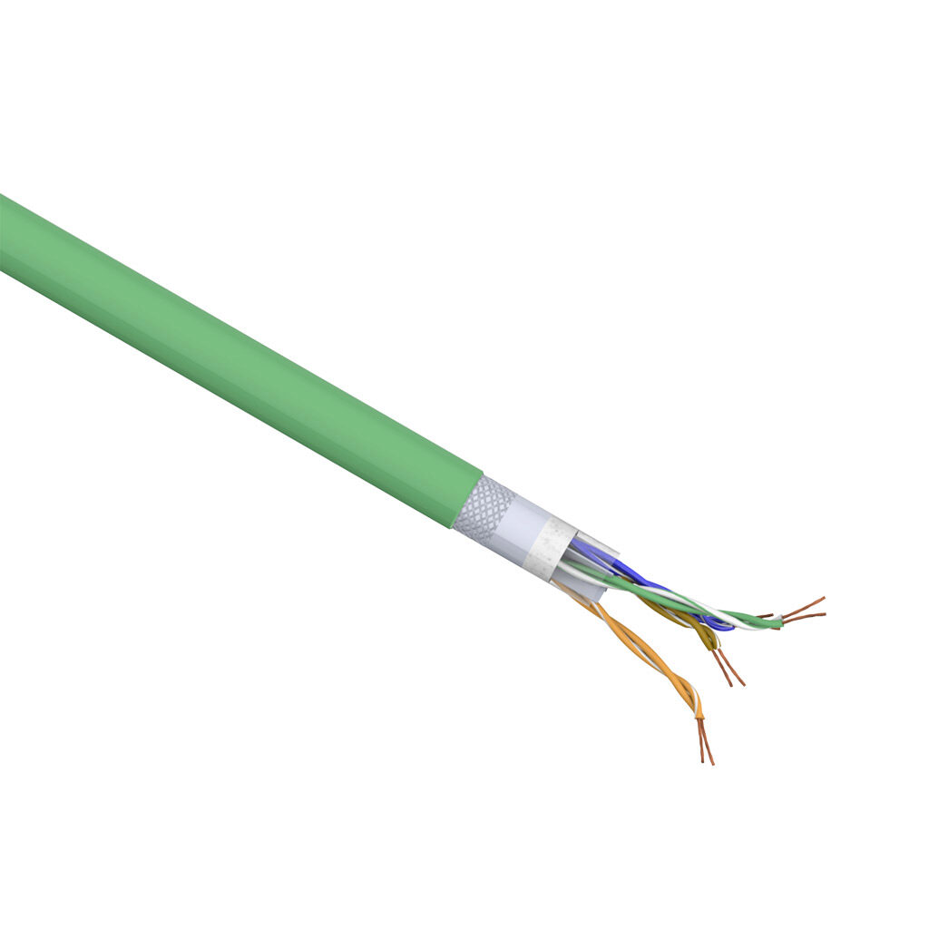H805655-1 - Helukabel HELUKAT Cat6 industrial Ethernet cable, overall shielded, 4 twisted pairs, 24 AWG, solid, bare copper, polyethylene conductor insulation material, PVC jacket, green, cut to length.
