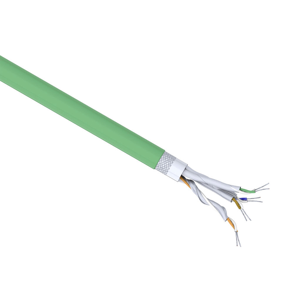 H805703-1 - Helukabel HELUKAT flexible Cat6a industrial Ethernet cable, individual and overall shielded, 4 twisted pairs, 24 AWG, 7-stranded, tinned copper, foam polyethylene conductor insulation material, PUR jacket, green, cut to length.