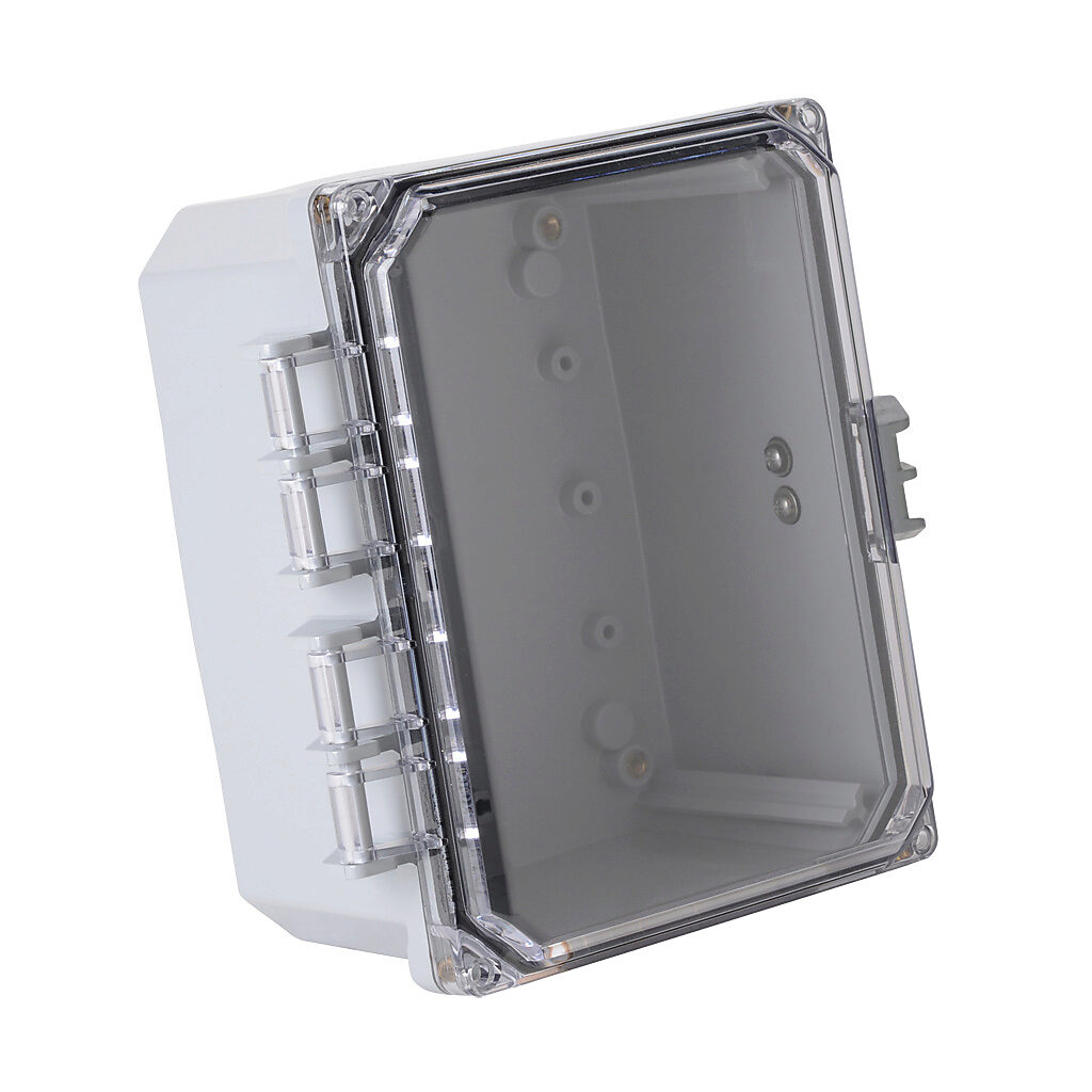 H8064HCFNL-P10 - Integra Premium series enclosure, NEMA 1/2/3/3R/3S/4/4X/12/13, 8 x 6 x 4in (HxWxD), wall mount, polycarbonate, light gray, gloss finish, clear polycarbonate single-door, glass-filled nylon quick-release latch, padlock hasp and sta...