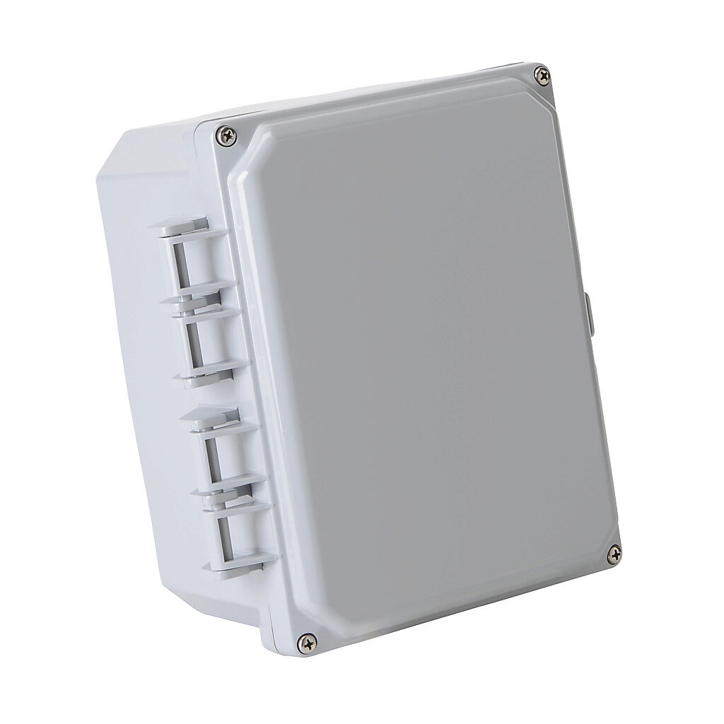 H8064HF-6P-P10 - Integra Premium series enclosure, NEMA 1/2/3/3R/3S/4/4X/6/6P/12/13, 8 x 6 x 4in (HxWxD), wall mount, polycarbonate, light gray, gloss finish, hinged screw cover.