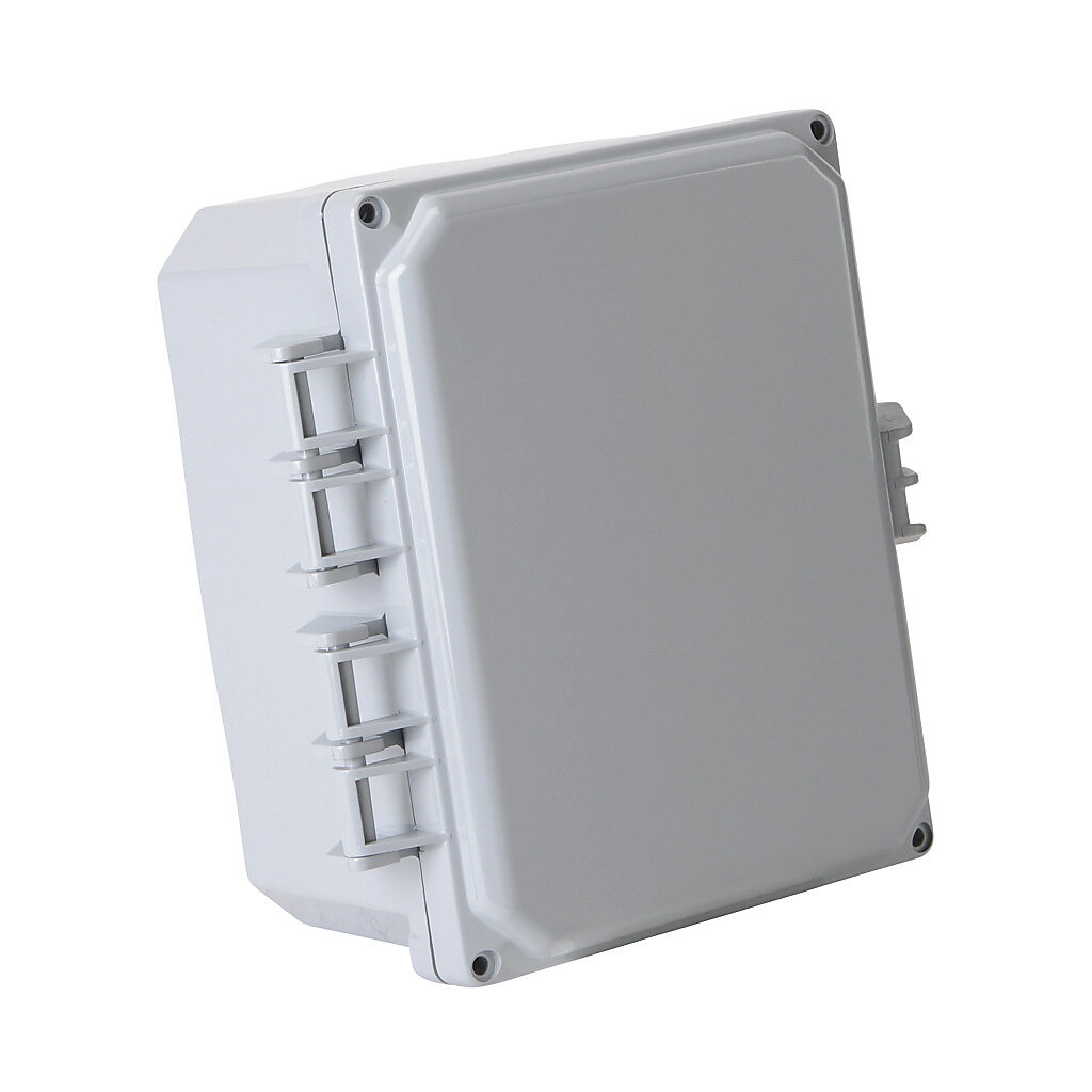 H8064HFNL-P10 - Integra Premium series enclosure, NEMA 1/2/3/3R/3S/4/4X/12/13, 8 x 6 x 4in (HxWxD), wall mount, polycarbonate, light gray, gloss finish, single-door, glass-filled nylon quick-release latch, padlock hasp and staple.