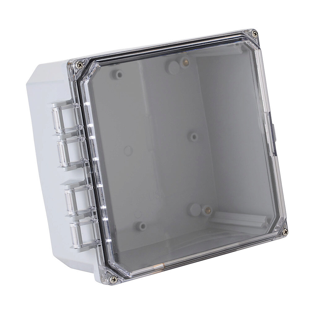 H8084HCF-6P-P10 - Integra Premium series enclosure, NEMA 1/2/3/3R/3S/4/4X/6/6P/12/13, 8 x 8 x 4in (HxWxD), wall mount, polycarbonate, light gray, gloss finish, clear polycarbonate hinged screw cover.