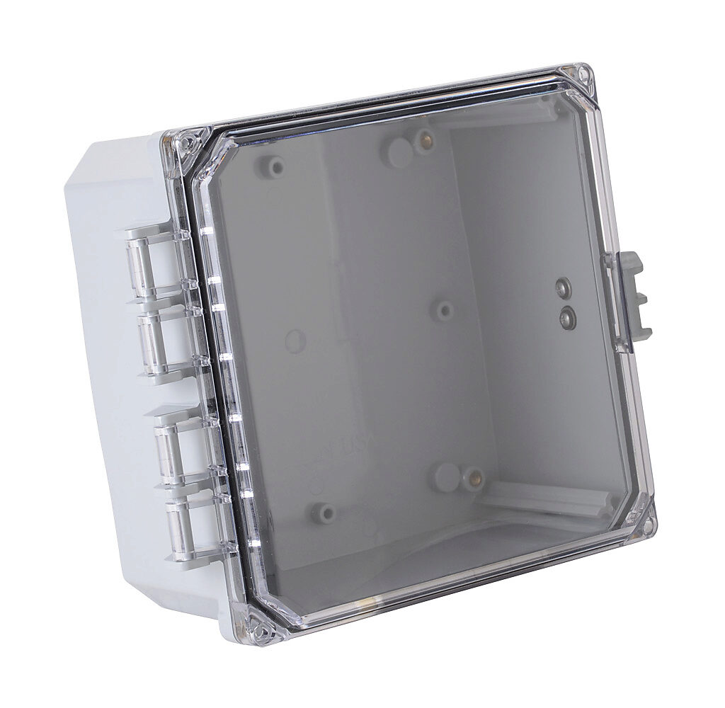 H8084HCFNL-P10 - Integra Premium series enclosure, NEMA 1/2/3/3R/3S/4/4X/12/13, 8 x 8 x 4in (HxWxD), wall mount, polycarbonate, light gray, gloss finish, clear polycarbonate single-door, glass-filled nylon quick-release latch, padlock hasp and sta...