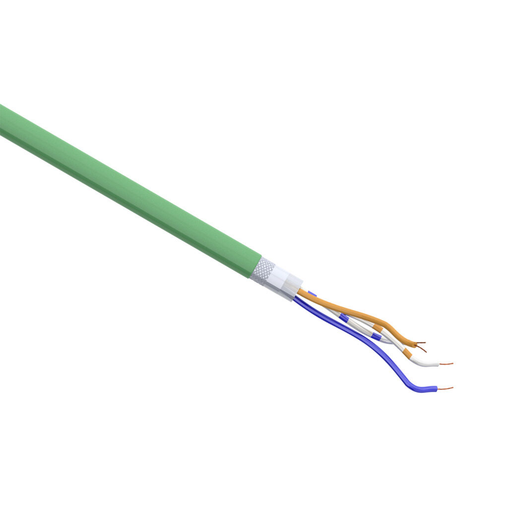 H82838-1 - Helukabel HELUKAT continuous flexing Cat5e industrial Ethernet cable, overall shielded, 1 star quad, 26 AWG, 19-stranded, bare copper, polyolefin conductor insulation material, PUR jacket, green, cut to length.