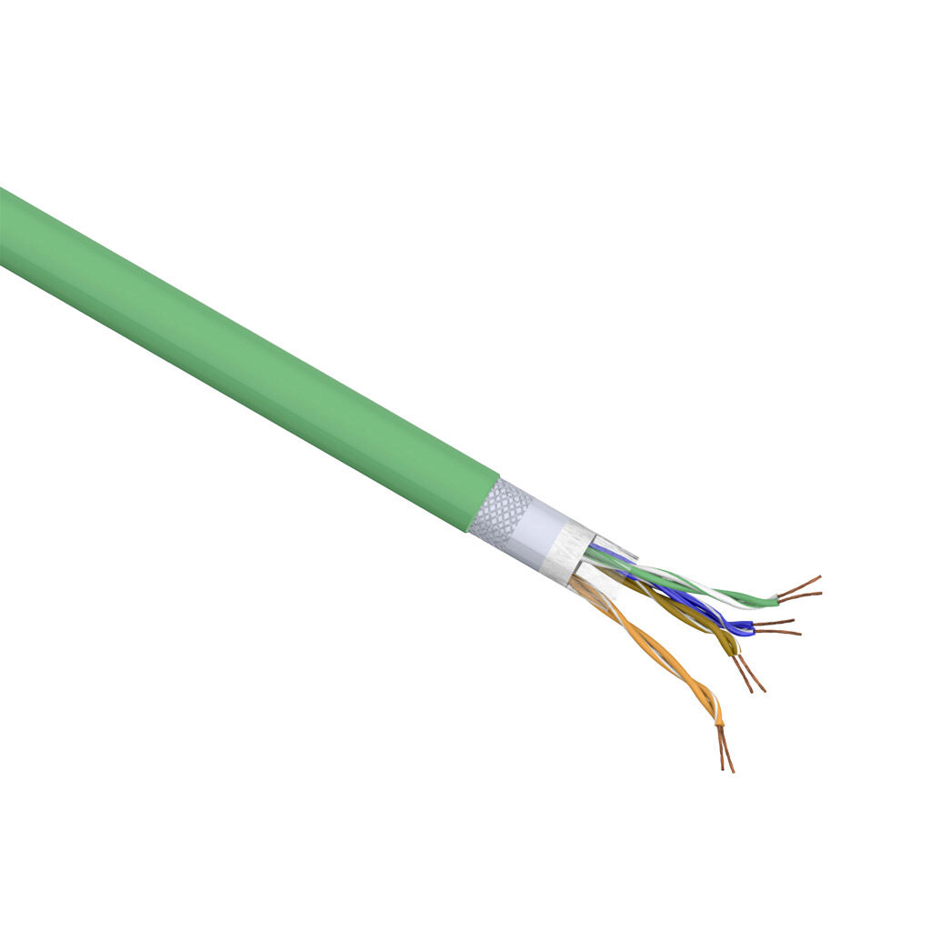 H82839-1 - Helukabel HELUKAT continuous flexing Cat5e industrial Ethernet cable, overall shielded, 4 twisted pairs, 26 AWG, 19-stranded, bare copper, polyolefin conductor insulation material, PUR jacket, green, cut to length.