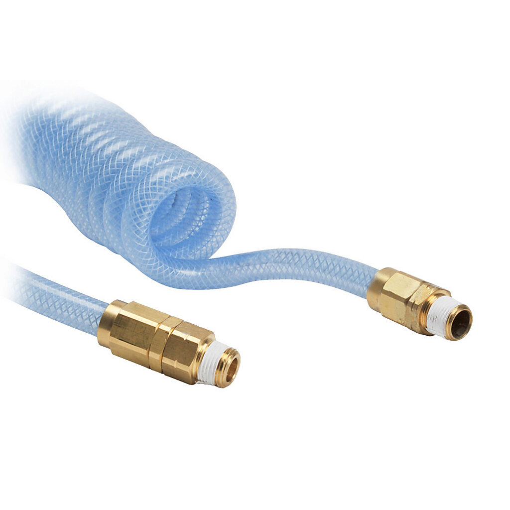 HBP14C10CBL - NITRA pneumatic coiled hose, polyurethane, polyester reinforced, clear blue, 1/4in inside diameter, 0.375in outside diameter, 1/4in male NPT brass fittings (one end fixed, one end swivel), 8ft working length.