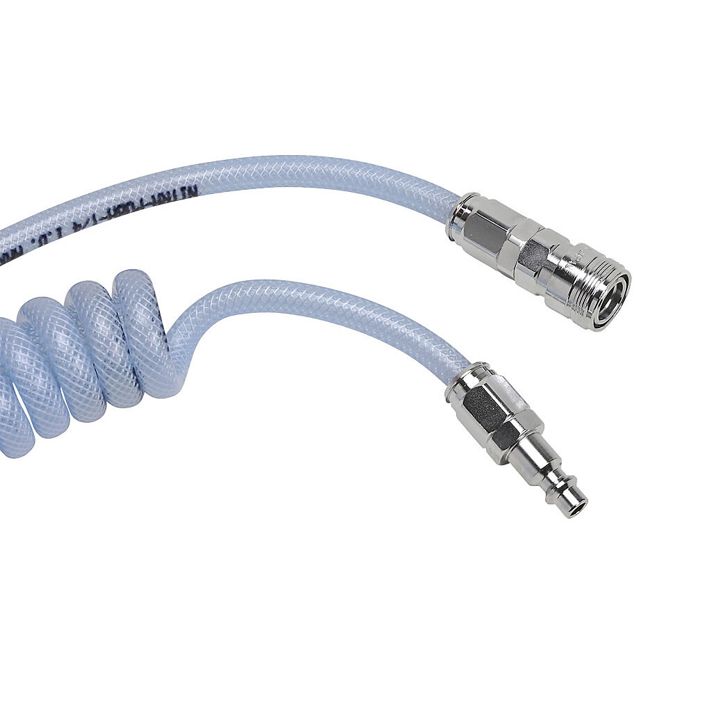 HBP14C10CBL-QC - NITRA pneumatic coiled hose, polyurethane, polyester reinforced, clear blue, 1/4in inside diameter, 0.375in outside diameter, 1/4in chrome-plated steel quick-disconnect fittings, 8ft working length.