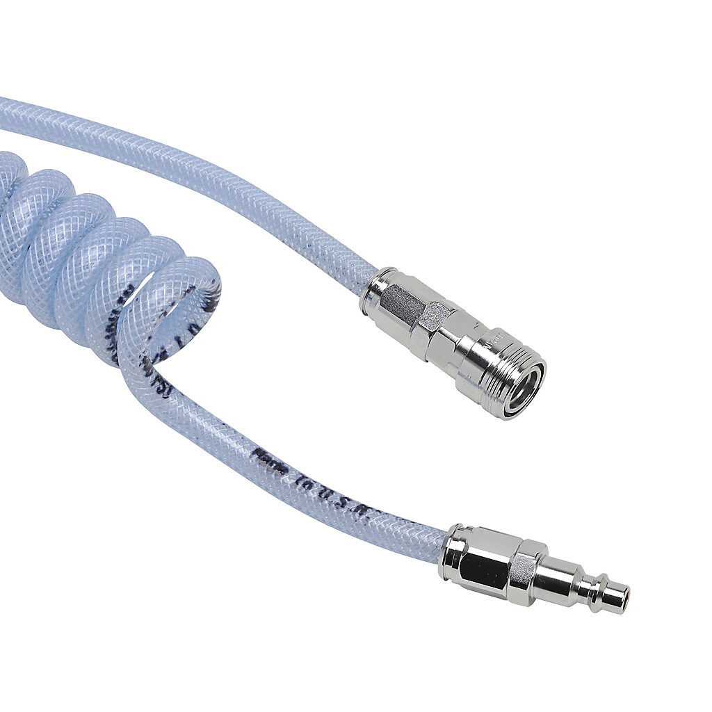 HBP14C15CBL-QC - NITRA pneumatic coiled hose, polyurethane, polyester reinforced, clear blue, 1/4in inside diameter, 0.375in outside diameter, 1/4in chrome-plated steel quick-disconnect fittings, 12ft working length.