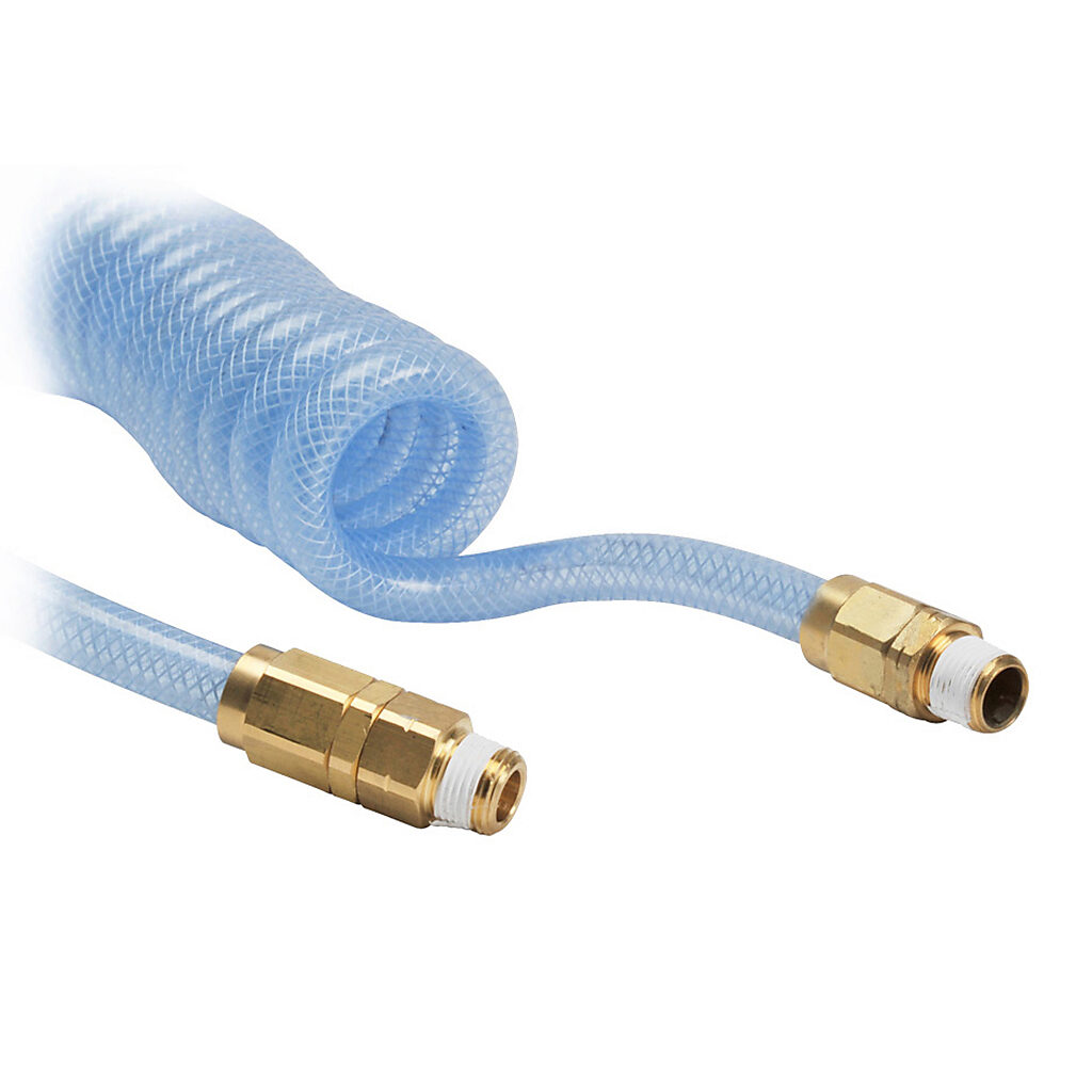 HBP14C20CBL - NITRA pneumatic coiled hose, polyurethane, polyester reinforced, clear blue, 1/4in inside diameter, 0.375in outside diameter, 1/4in male NPT brass fittings (one end fixed, one end swivel), 16ft working length.