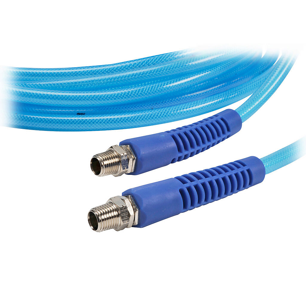 HBP38-25CBL3 - NITRA pneumatic hose, ether-based polyurethane, polyester reinforced, clear blue, 3/8in inside diameter, 0.5625in outside diameter, 3/8in male NPT nickel-plated brass swivel fittings, 25ft package.