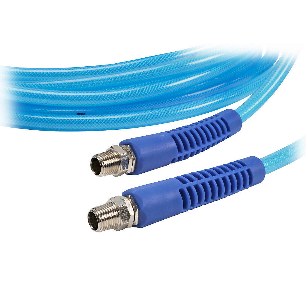 HBP38-50CBL2 - NITRA pneumatic hose, ether-based polyurethane, polyester reinforced, clear blue, 3/8in inside diameter, 0.5625in outside diameter, 1/4in male NPT nickel-plated brass swivel fittings, 50ft package.
