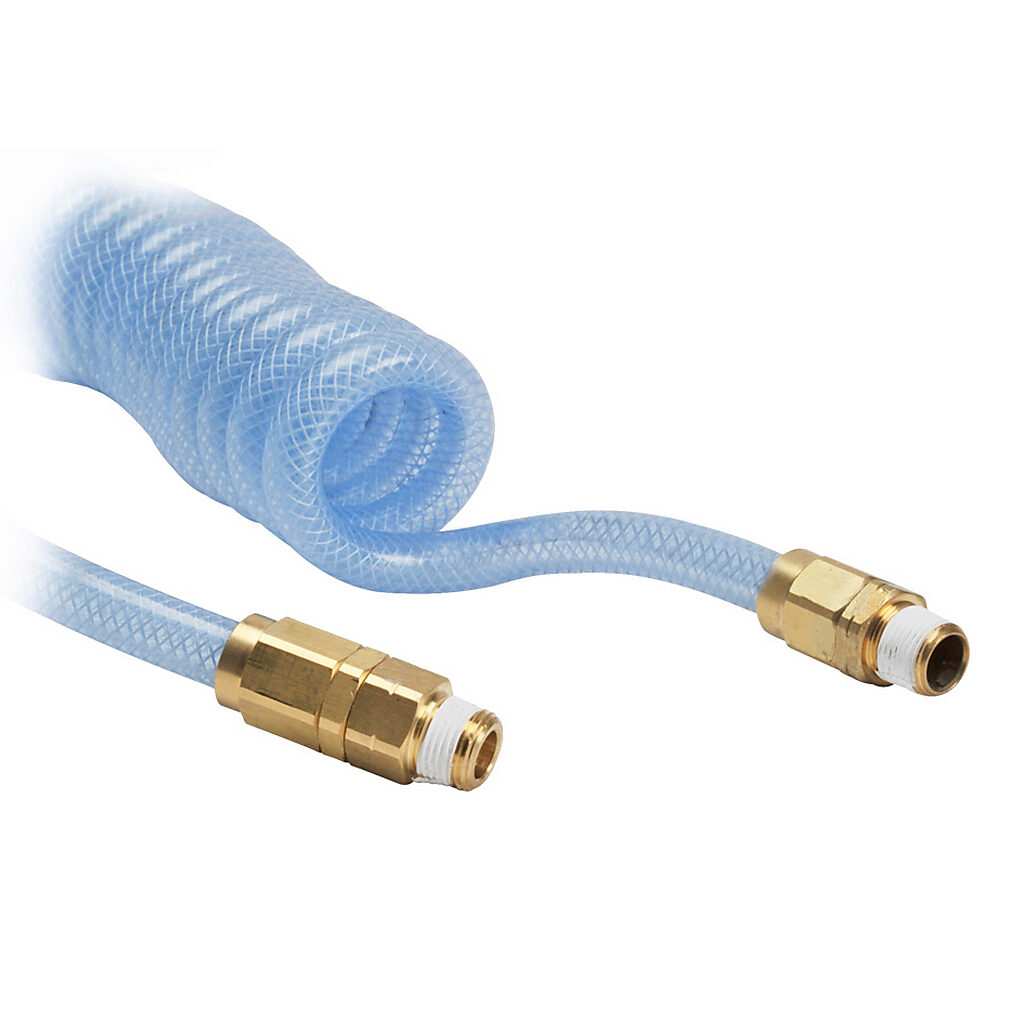 HBP38C15CBL - NITRA pneumatic coiled hose, polyurethane, polyester reinforced, clear blue, 3/8in inside diameter, 0.5625in outside diameter, 3/8in male NPT brass fittings (one end fixed, one end swivel), 12ft working length.