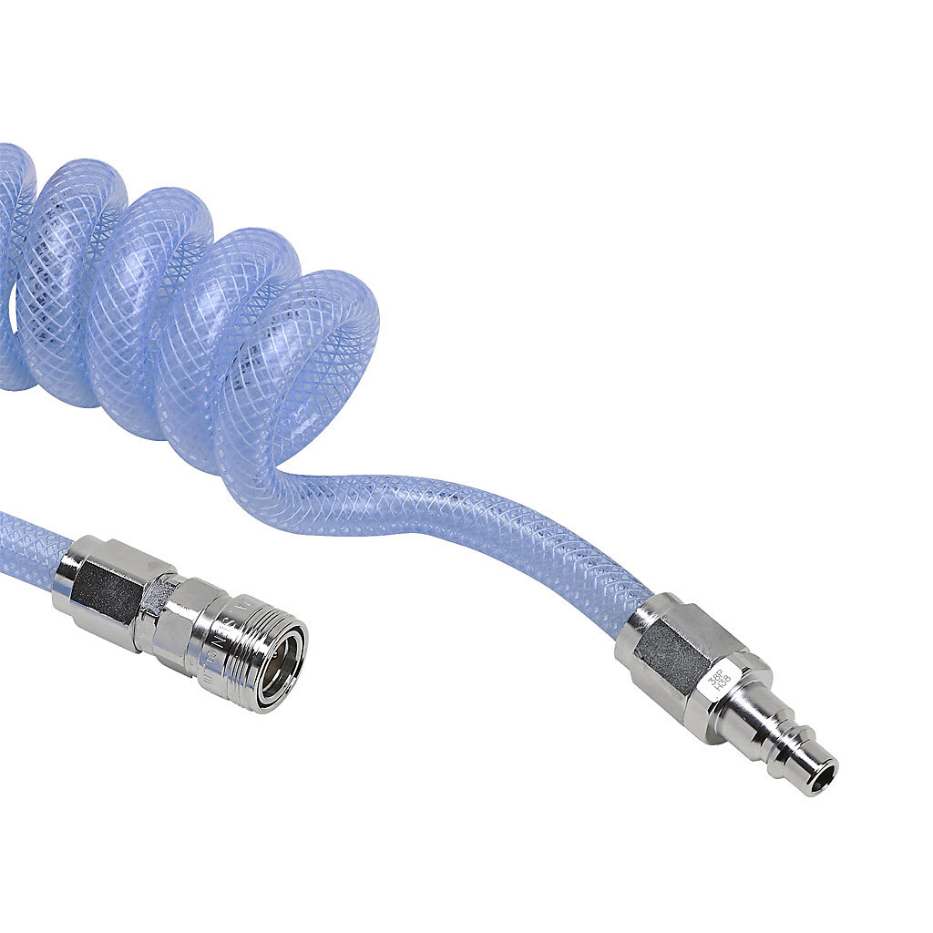 HBP38C15CBL-QC - NITRA pneumatic coiled hose, polyurethane, polyester reinforced, clear blue, 3/8in inside diameter, 0.5625in outside diameter, 3/8in chrome-plated steel quick-disconnect fittings, 12ft working length.