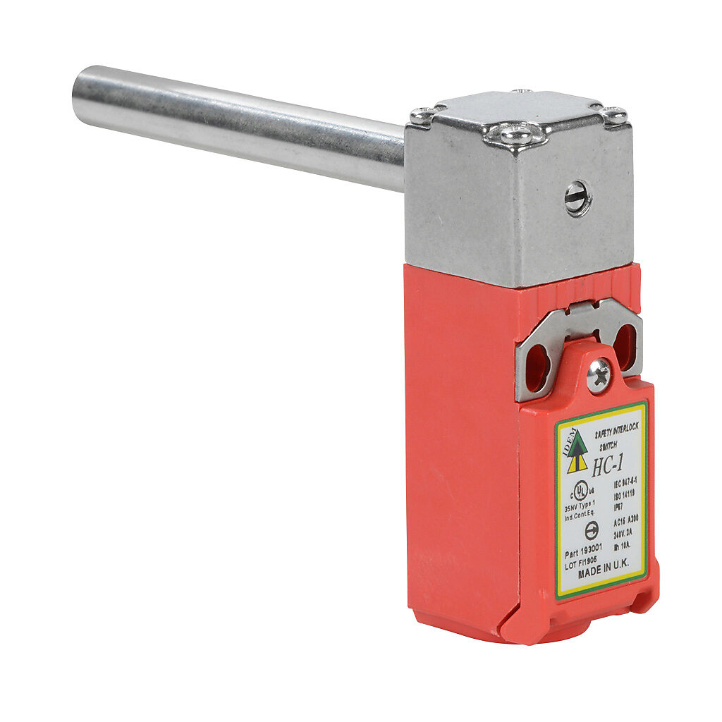 HC-1-193001 - IDEM safety switch, solid shaft hinge interlock, slow action, (2) N.C. safety output(s), plastic body, 316 stainless steel head, 10mm diameter x 80mm length shaft, (1) M16 cable entry.