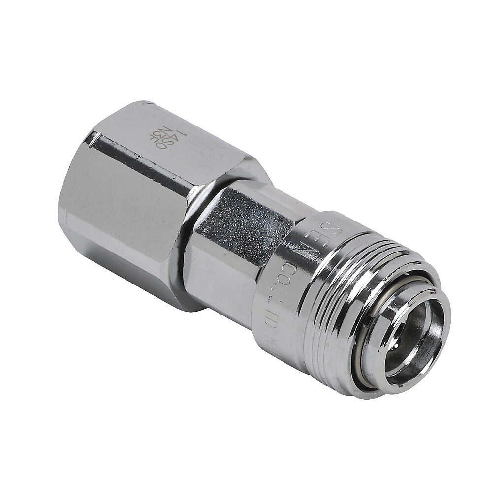 HC14-38F-B - NITRA pneumatic quick disconnect fitting, automatic coupling, chrome-plated steel body, (1) 3/8in female NPT to (1) 1/4in industrial interchange.