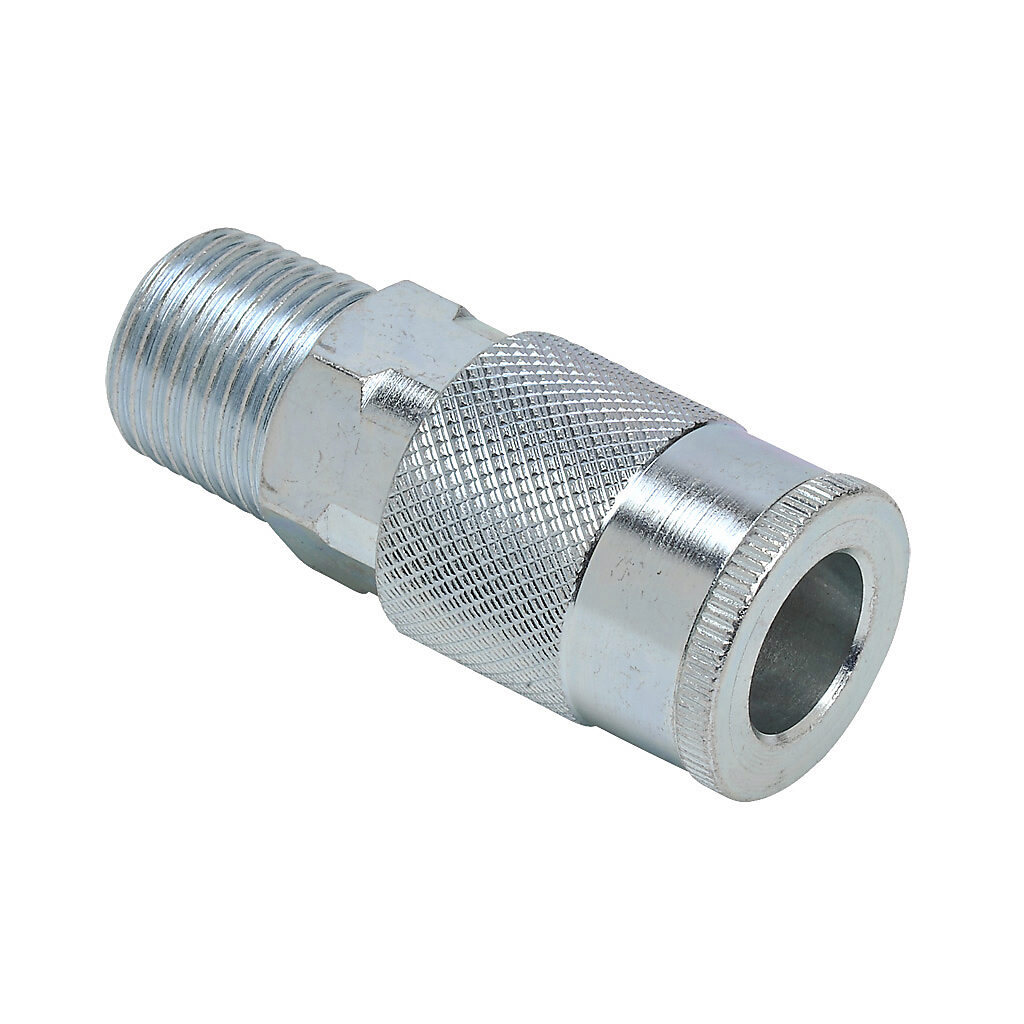 HC38-12M-A - NITRA pneumatic quick disconnect fitting, coupling, steel body, (1) 1/2in male NPT to (1) 3/8in industrial interchange.