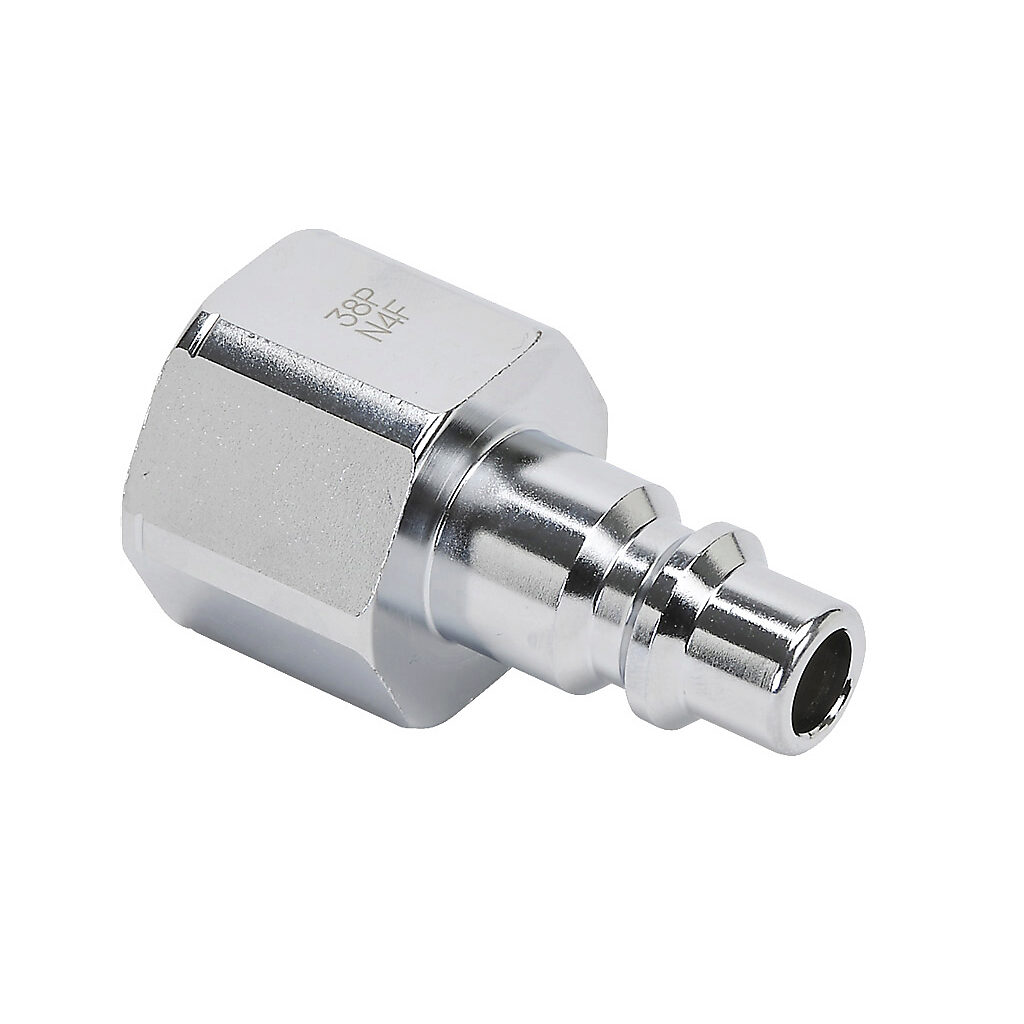 HCP38-12F-M - NITRA pneumatic quick disconnect fitting, coupling plug, chrome-plated steel body, (1) 1/2in female NPT to (1) 3/8in industrial interchange.