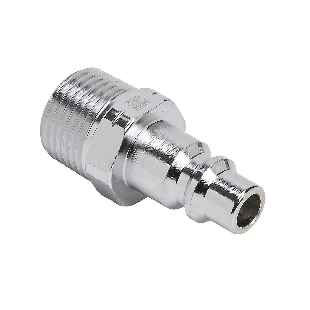 HCP38-12M-M - NITRA pneumatic quick disconnect fitting, coupling plug, chrome-plated steel body, (1) 1/2in male NPT to (1) 3/8in industrial interchange.