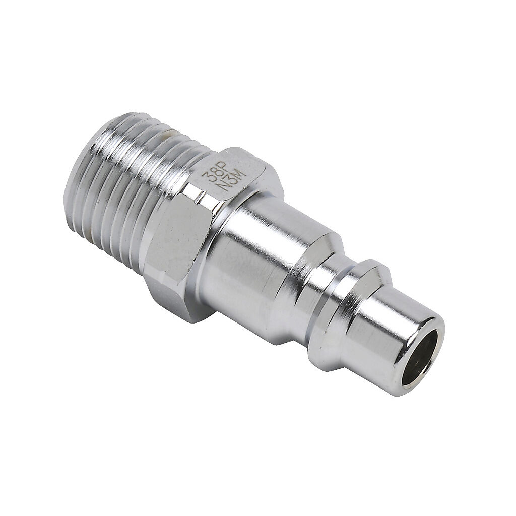 HCP38-38M-M - NITRA pneumatic quick disconnect fitting, coupling plug, chrome-plated steel body, (1) 3/8in male NPT to (1) 3/8in industrial interchange.