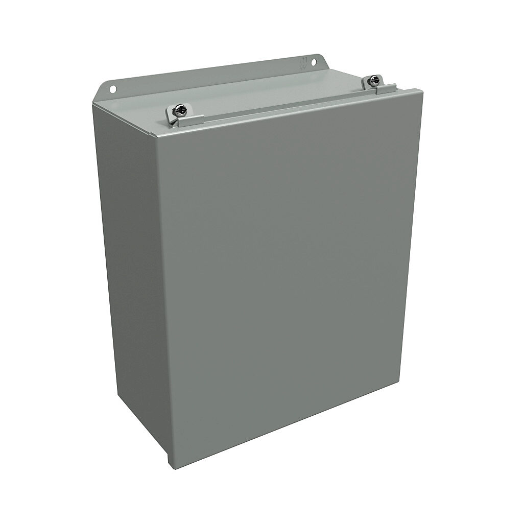 HJ14126LP - Hammond enclosure, NEMA 3R/4/12/13, 14 x 12 x 6in (HxWxD), wall mount, carbon steel, ANSI 61 gray, powder coat finish, lift-off cover, stainless steel clamps.