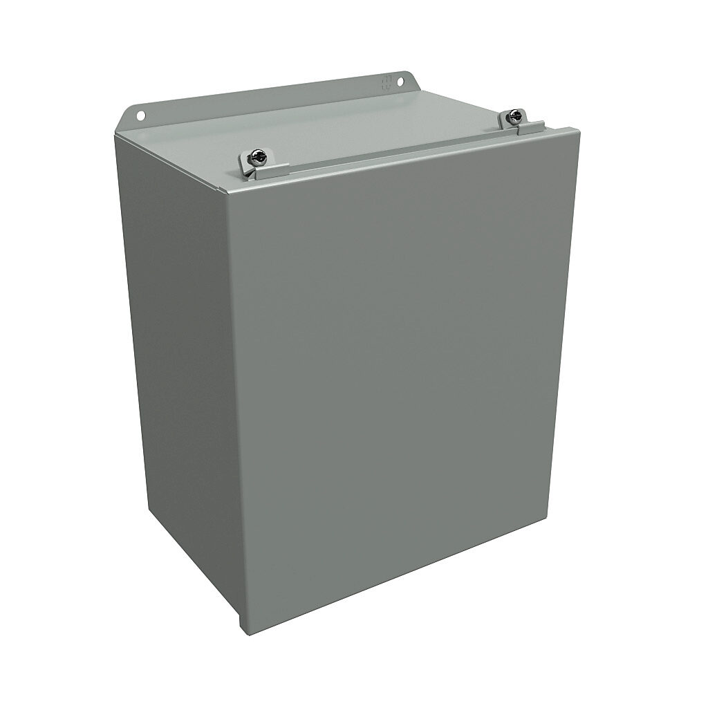 HJ14128LP - Hammond enclosure, NEMA 3R/4/12/13, 14 x 12 x 8in (HxWxD), wall mount, carbon steel, ANSI 61 gray, powder coat finish, lift-off cover, stainless steel clamps.