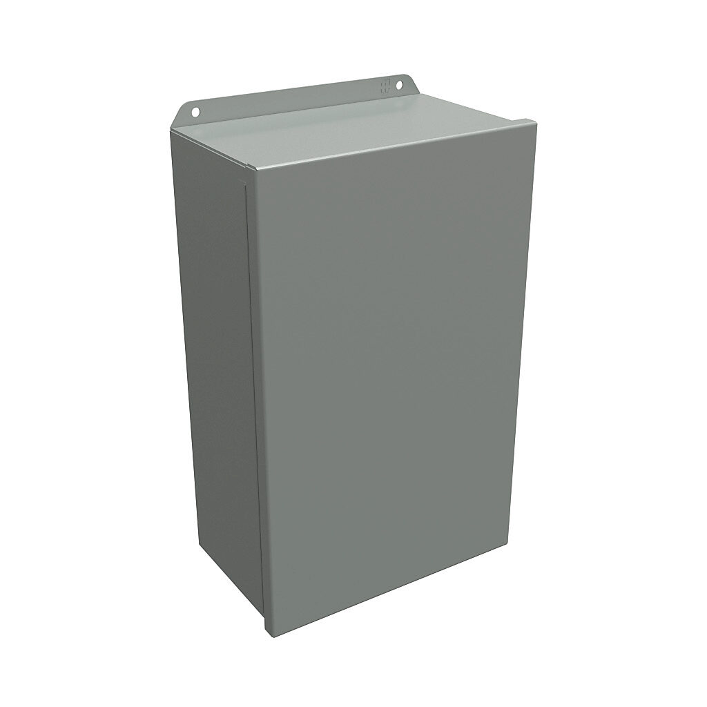 HJ16106HLP - Hammond enclosure, NEMA 3R/4/12/13, 16 x 10 x 6in (HxWxD), wall mount, carbon steel, ANSI 61 gray, powder coat finish, single-door, stainless steel clamps.