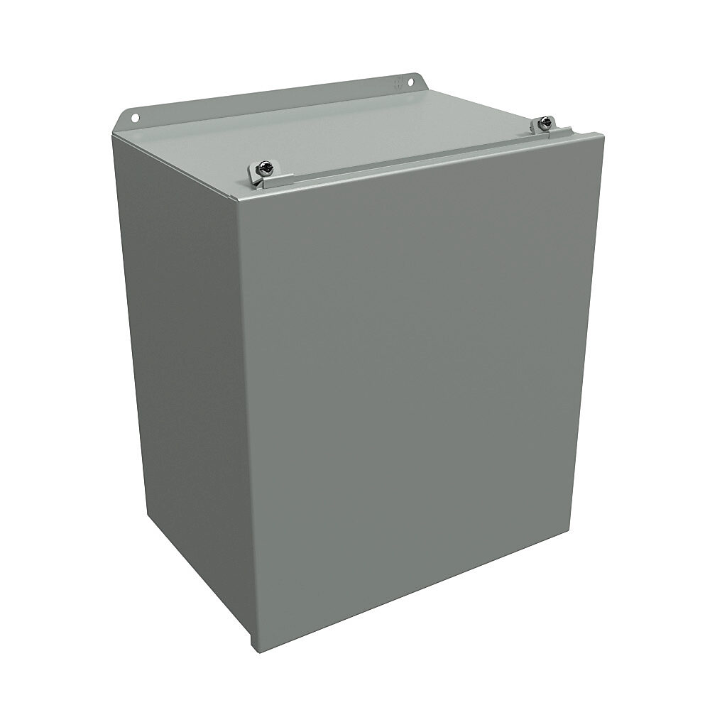 HJ161410LP - Hammond enclosure, NEMA 3R/4/12/13, 16 x 14 x 10in (HxWxD), wall mount, carbon steel, ANSI 61 gray, powder coat finish, lift-off cover, stainless steel clamps.