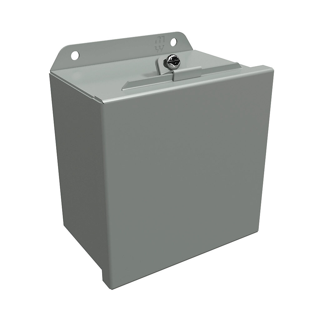 HJ664LP - Hammond enclosure, NEMA 3R/4/12/13, 6 x 6 x 4in (HxWxD), wall mount, carbon steel, ANSI 61 gray, powder coat finish, lift-off cover, stainless steel clamps.
