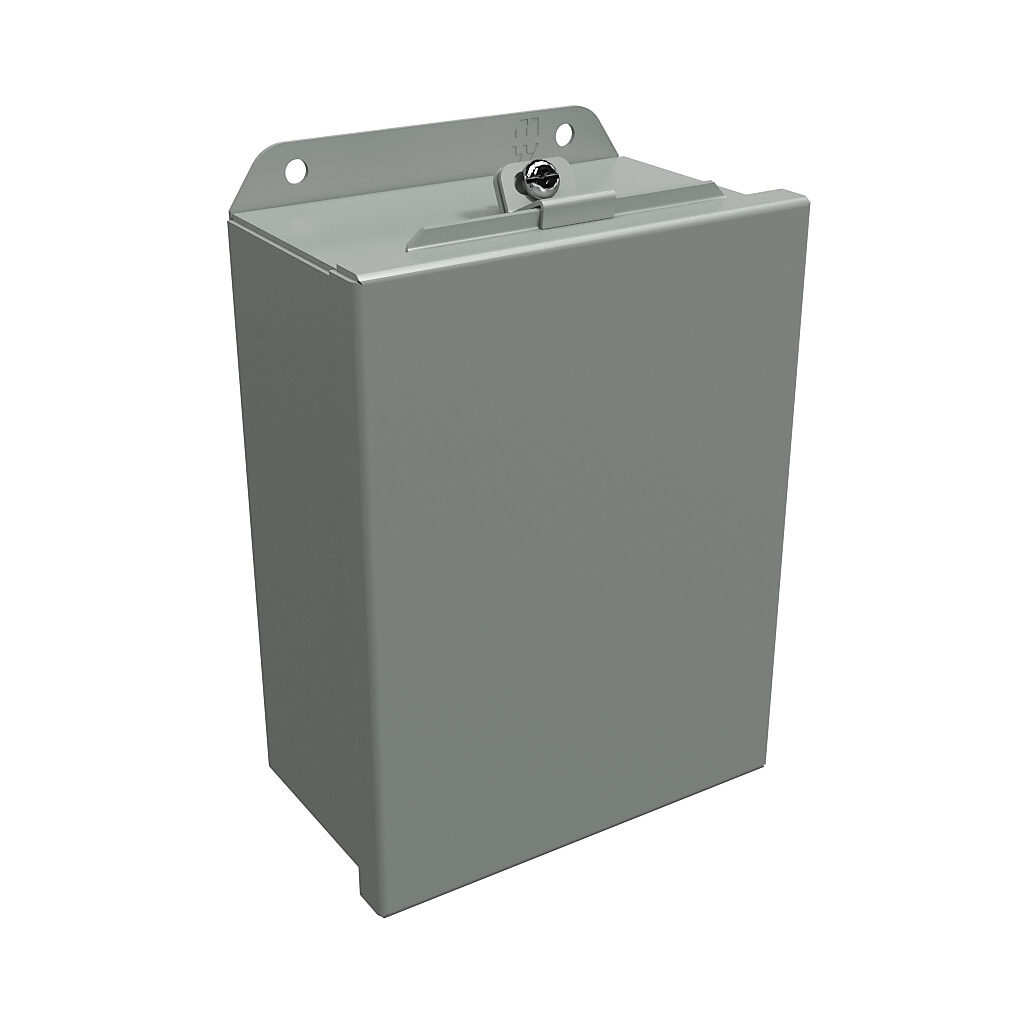 HJ863LP - Hammond enclosure, NEMA 3R/4/12/13, 8 x 6 x 3.5in (HxWxD), wall mount, carbon steel, ANSI 61 gray, powder coat finish, lift-off cover, stainless steel clamps.