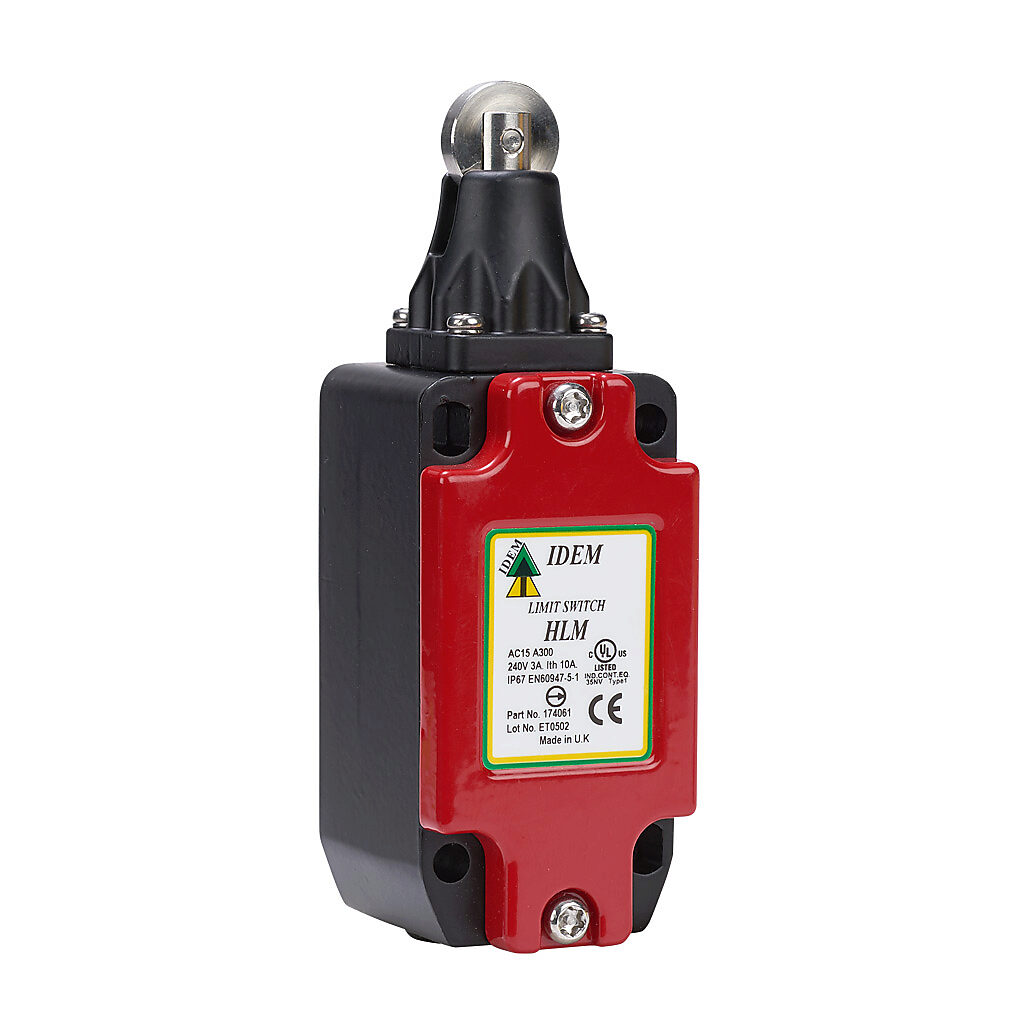 HLM-174061 - IDEM safety limit switch, plunger with stainless steel roller, (1) N.C. safety output(s), (1) N.O. monitoring output(s), snap action, die-cast zinc aluminum, (1) 1/2in female NPT conduit.