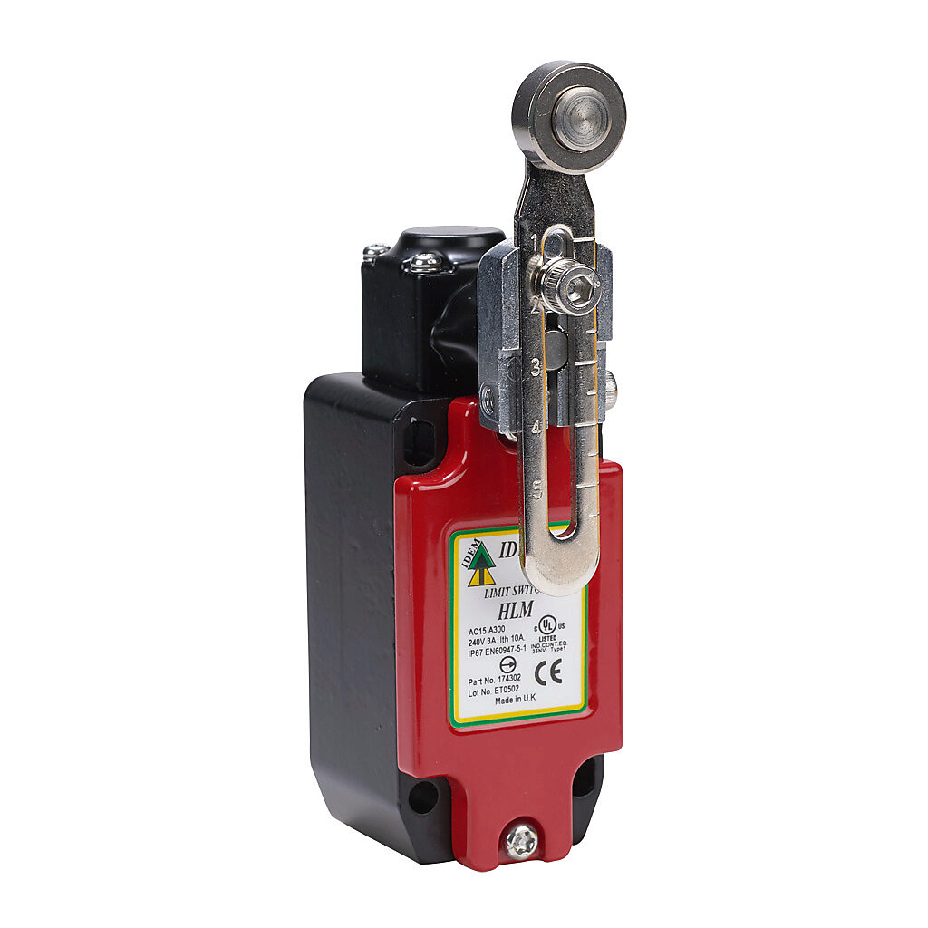 HLM-174302 - IDEM safety limit switch, side rotary adjustable lever with stainless steel roller, (2) N.C. safety output(s), (2) N.O. monitoring output(s), slow action break before make, die-cast zinc aluminum, (1) 1/2in female NPT conduit.