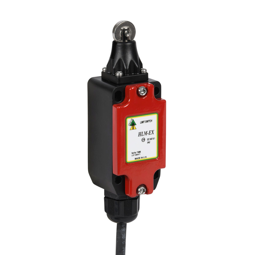 HLM-EX-174065 - IDEM safety limit switch, hazardous location rated, plunger with stainless steel roller, (2) N.C. safety output(s), (2) N.O. monitoring output(s), slow action break before make, die-cast zinc aluminum, pigtail.