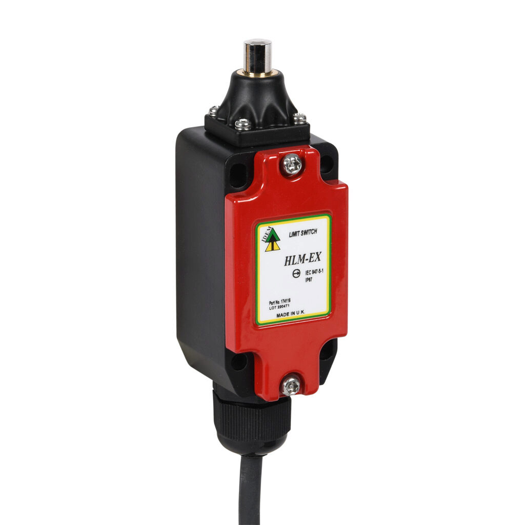 HLM-EX-174115 - IDEM safety limit switch, hazardous location rated, stainless steel plunger, (2) N.C. safety output(s), (2) N.O. monitoring output(s), slow action break before make, die-cast zinc aluminum, pigtail.