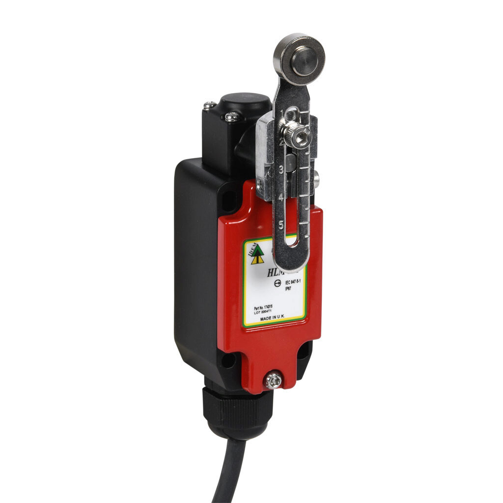 HLM-EX-174315 - IDEM safety limit switch, hazardous location rated, side rotary adjustable lever with stainless steel roller, (2) N.C. safety output(s), (2) N.O. monitoring output(s), slow action break before make, die-cast zinc aluminum, pigtail.