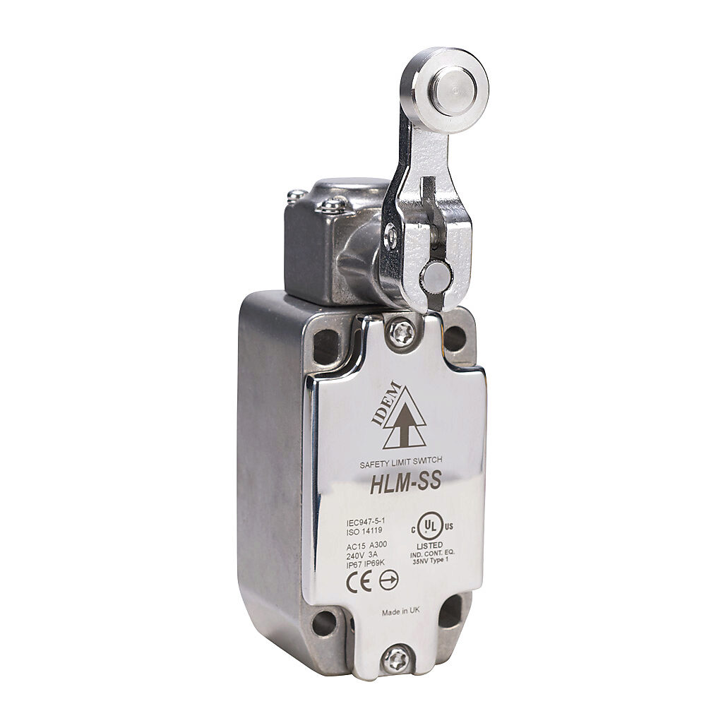 HLM-SS-175011 - IDEM safety limit switch, side rotary lever with stainless steel roller, (1) N.C. safety output(s), (1) N.O. monitoring output(s), snap action, 316 stainless steel, (1) 1/2in female NPT conduit.