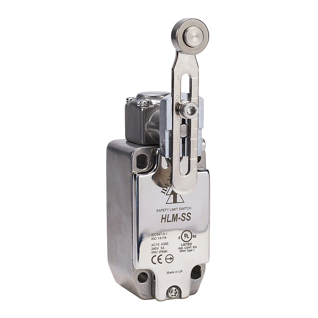HLM-SS-175311 - IDEM safety limit switch, side rotary adjustable lever with stainless steel roller, (1) N.C. safety output(s), (1) N.O. monitoring output(s), snap action, 316 stainless steel, (1) 1/2in female NPT conduit.