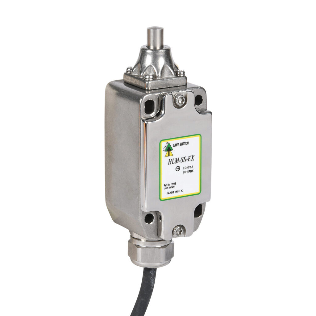 HLM-SS-EX-175115 - IDEM safety limit switch, hazardous location rated, stainless steel plunger, (2) N.C. safety output(s), (2) N.O. monitoring output(s), slow action break before make, 316 stainless steel, pigtail.
