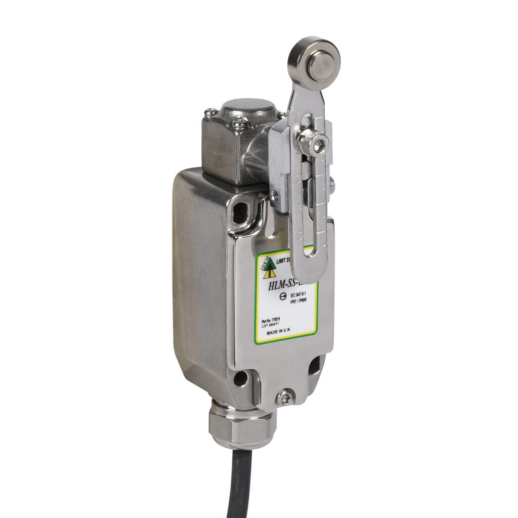 HLM-SS-EX-175315 - IDEM safety limit switch, hazardous location rated, side rotary adjustable lever with stainless steel roller, (2) N.C. safety output(s), (2) N.O. monitoring output(s), slow action break before make, 316 stainless steel, pigtail.