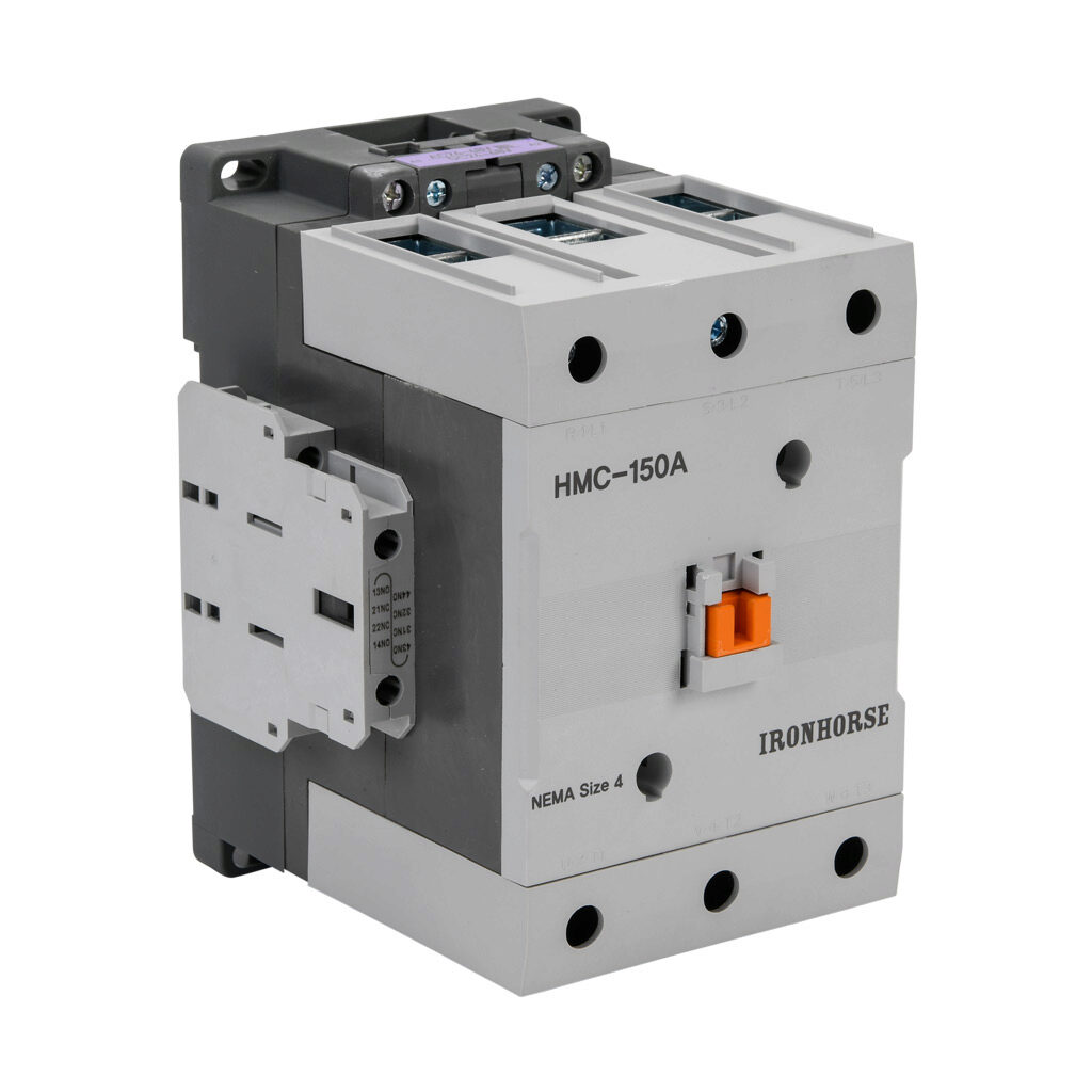 HMC-150A30-22-GL - IronHorse IEC contactor, 150A, (3) N.O. power poles, (2) N.O./(2) N.C. auxiliary contacts, 24-48 VAC (50/60Hz)/24-48 VDC coil voltage, low consumption electronic.