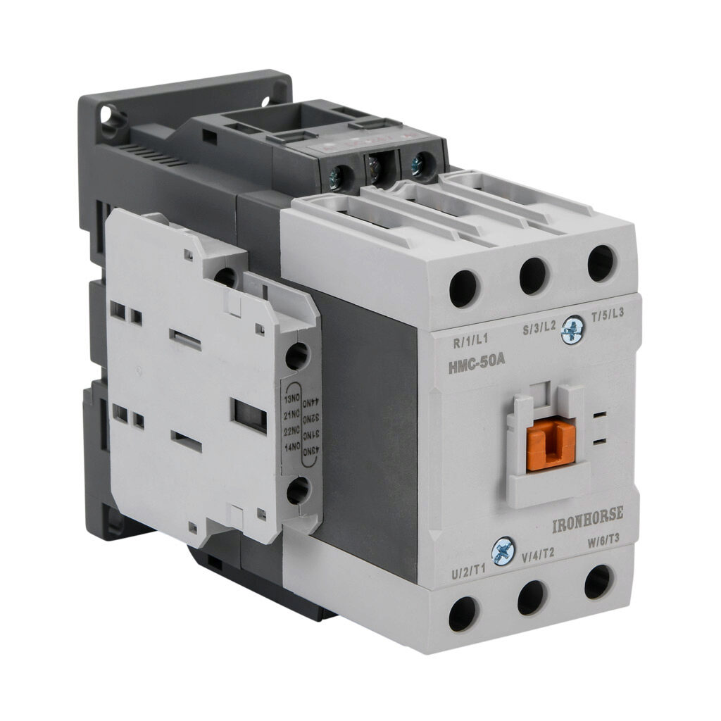 HMC-50A30-22-DL - IronHorse IEC contactor, 50A, (3) N.O. power poles, (2) N.O./(2) N.C. auxiliary contacts, 24 VDC coil voltage.
