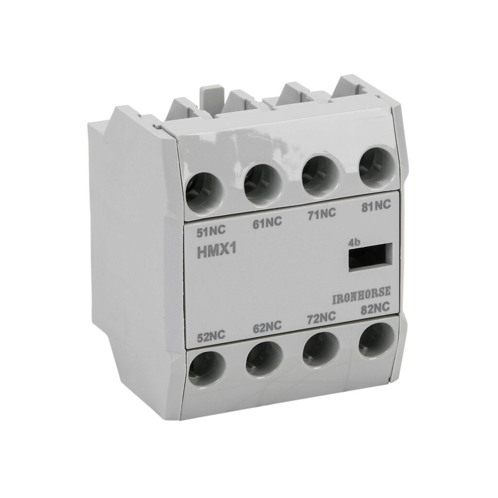 HMX1-AUX04-F - IronHorse field installable auxiliary contact, front mount, (4) N.C. contact(s), 6A @ 120 VAC/0.55A @ 120 VDC, screw terminal. For use with HMC-9 to HMC-150 contactors.