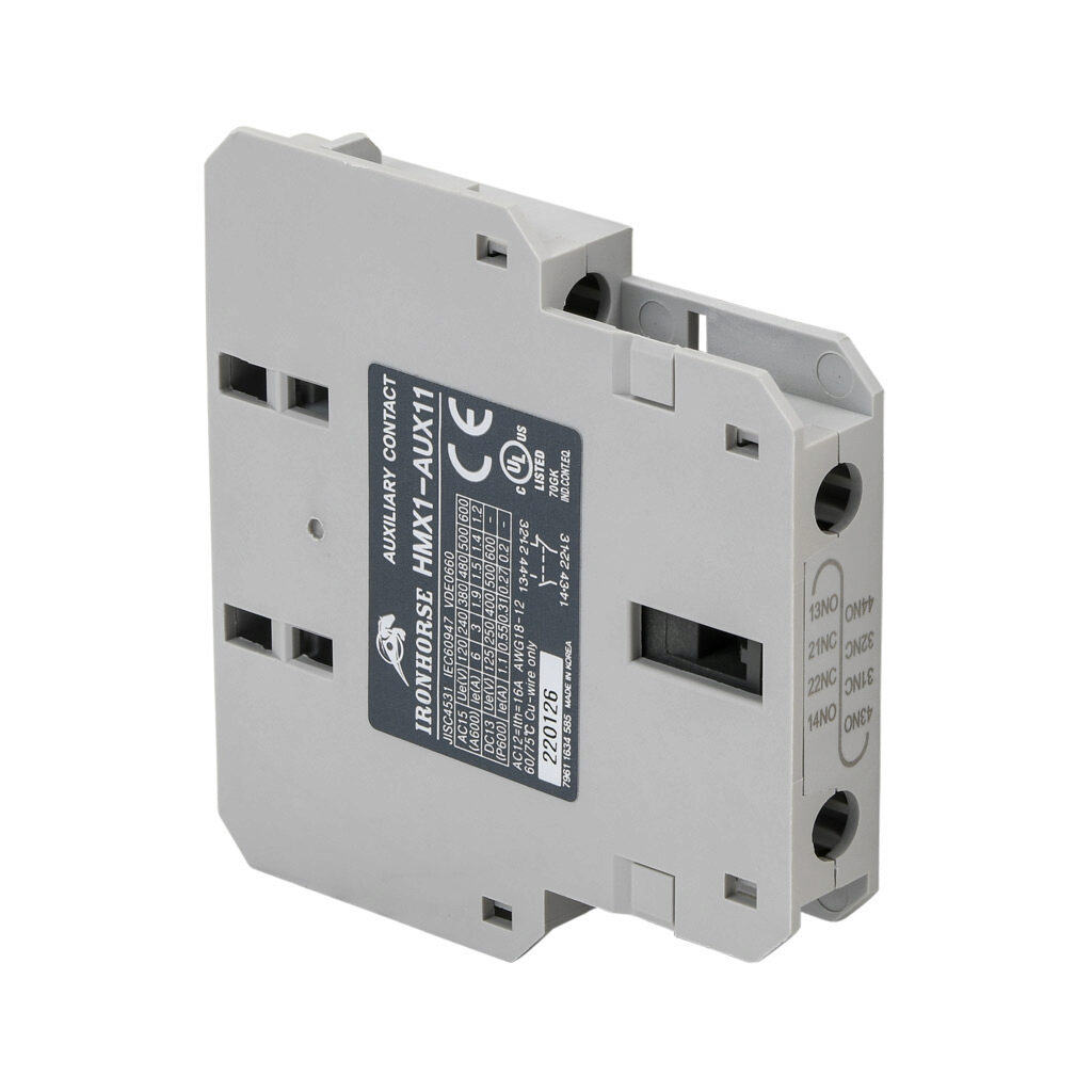 HMX1-AUX11-S - IronHorse field installable auxiliary contact, left or right side mount, (1) N.O./(1) N.C. contact(s), 6A @ 120 VAC/1.1A @ 120 VDC, screw terminal. For use with HMC-9 to HMC-150 contactors.