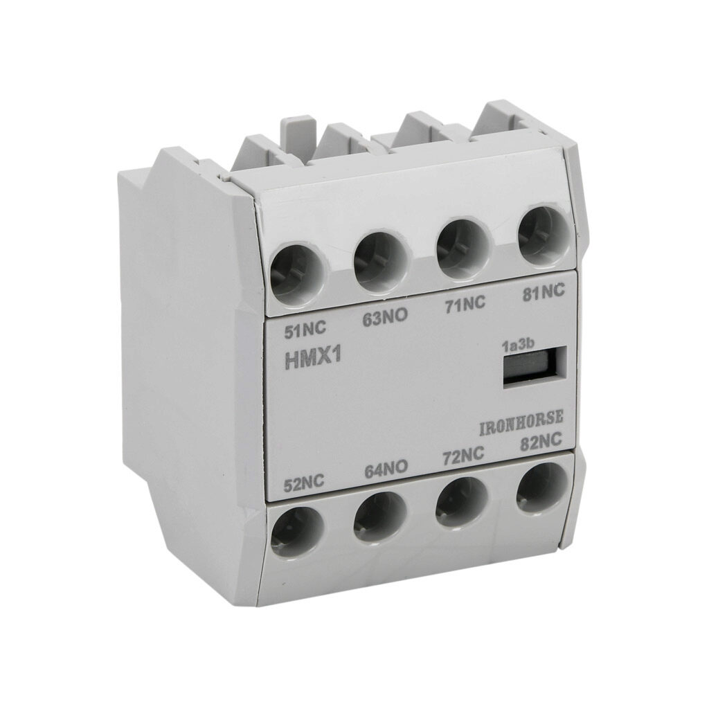 HMX1-AUX13-F - IronHorse field installable auxiliary contact, front mount, (1) N.O./(3) N.C. contact(s), 6A @ 120 VAC/0.55A @ 120 VDC, screw terminal. For use with HMC-9 to HMC-150 contactors.