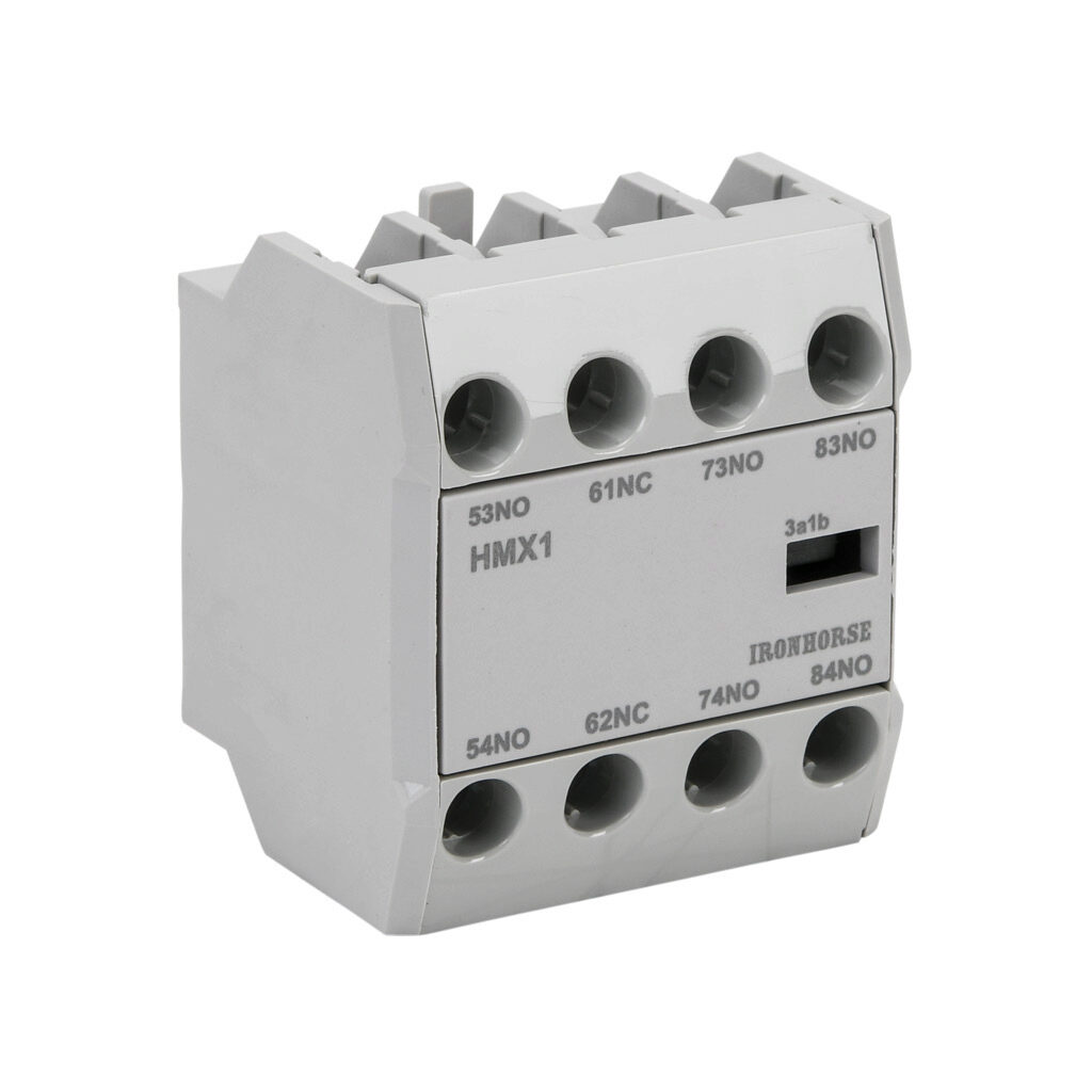 HMX1-AUX31-F - IronHorse field installable auxiliary contact, front mount, (3) N.O./(1) N.C. contact(s), 6A @ 120 VAC/0.55A @ 120 VDC, screw terminal. For use with HMC-9 to HMC-150 contactors.