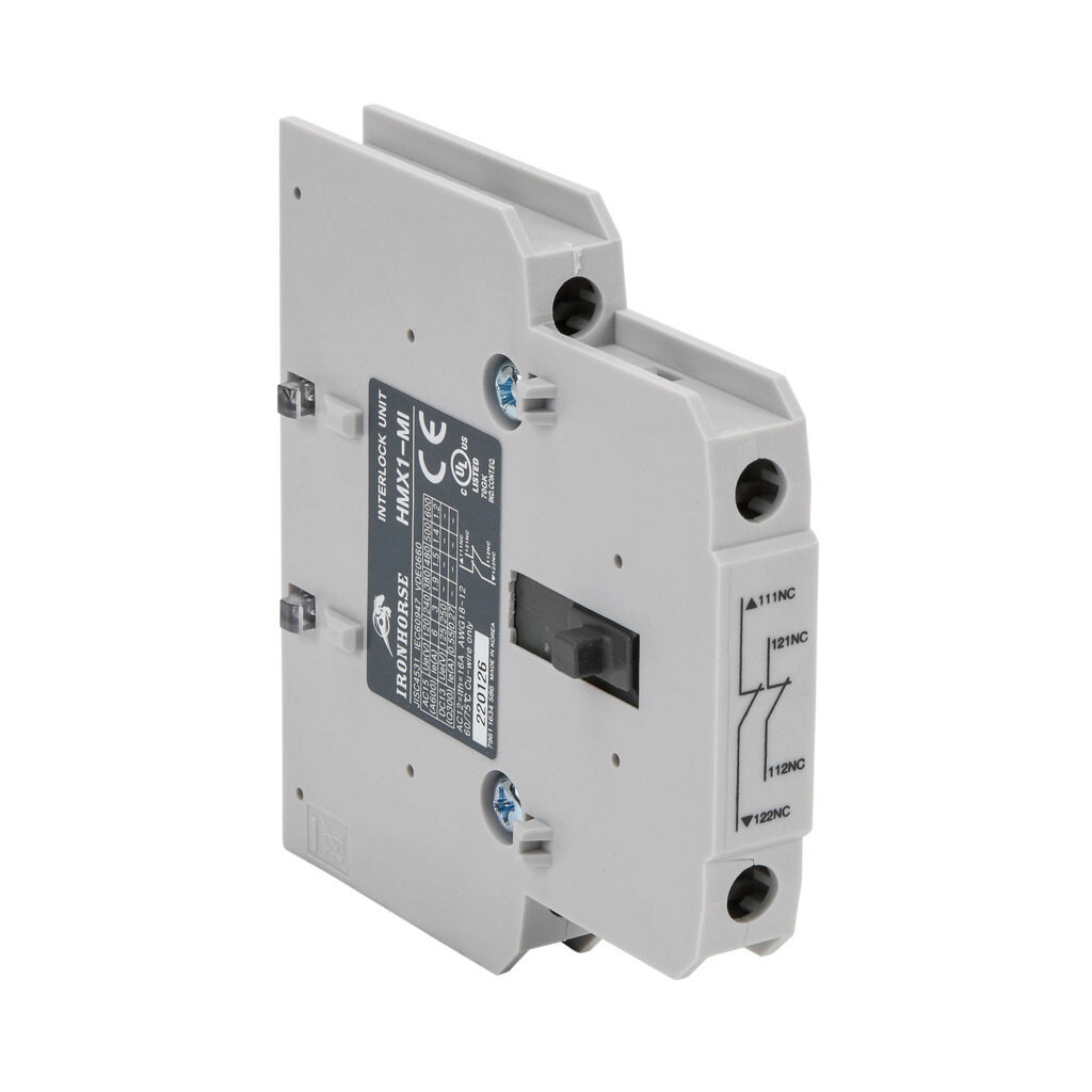 HMX1-MI - IronHorse mechanical interlock, side mount. For use with HMC-9 to HMC-150 contactors. Allows for mechanical connection of two contactors to prevent both from being pulled in at the same time.