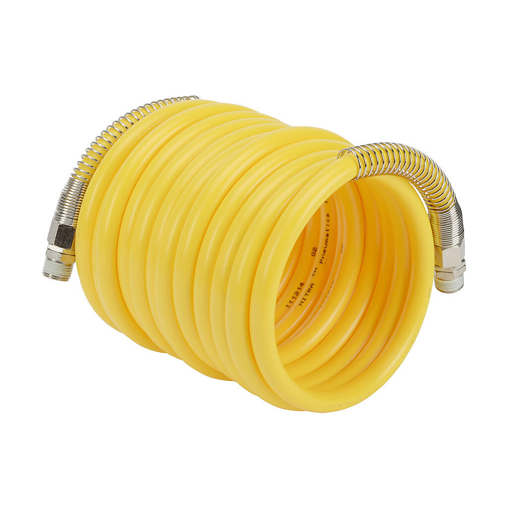 HN12C12-25YEL - NITRA pneumatic coiled hose, nylon 12, yellow, 1/2in inside diameter, 0.625in outside diameter, (2) 1/2in male NPT nickel-plated brass swivel fittings, 20ft working length.