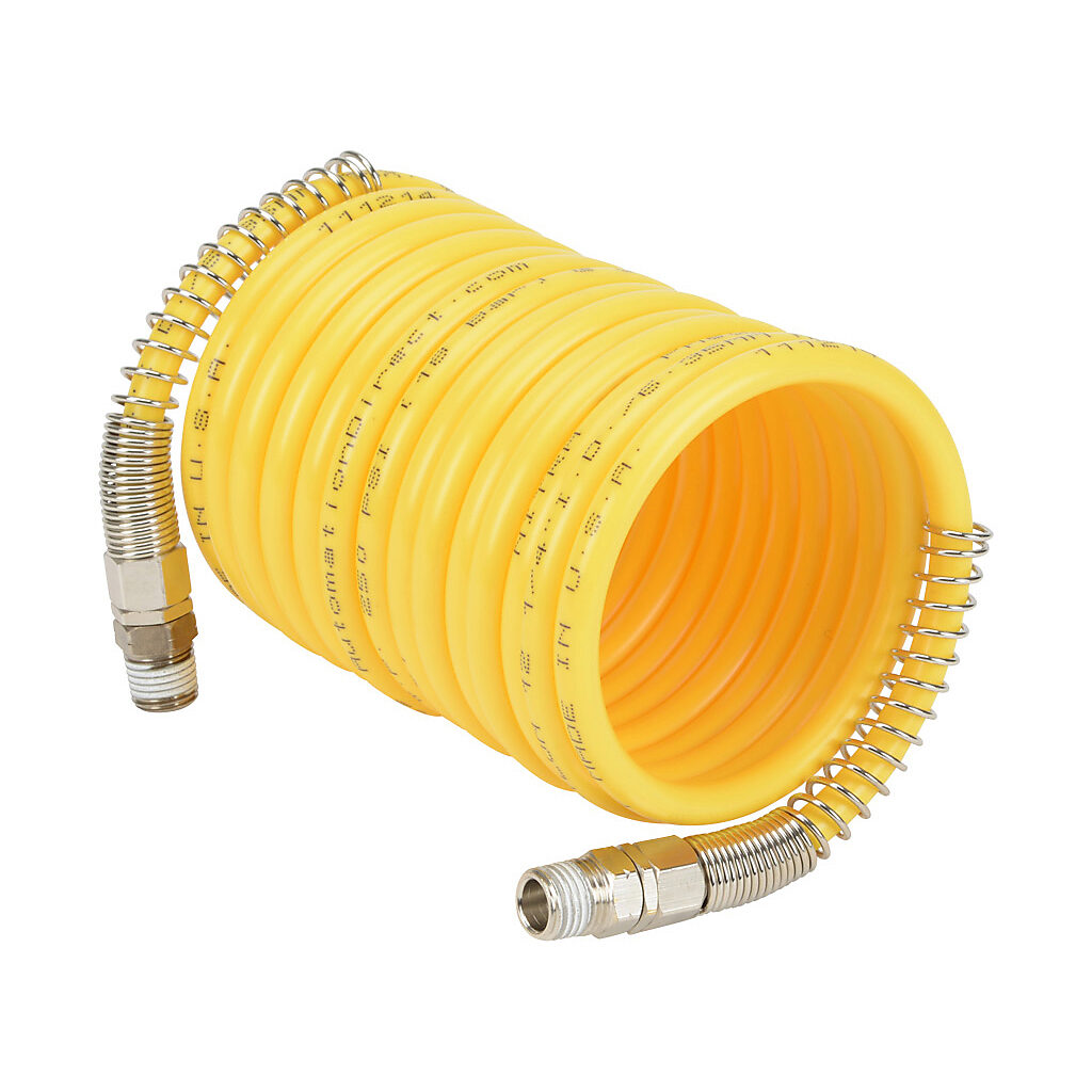 HN14C14-12YEL - NITRA pneumatic coiled hose, nylon 12, yellow, 1/4in inside diameter, 0.3125in outside diameter, (2) 1/4in male NPT nickel-plated brass swivel fittings, 10ft working length.