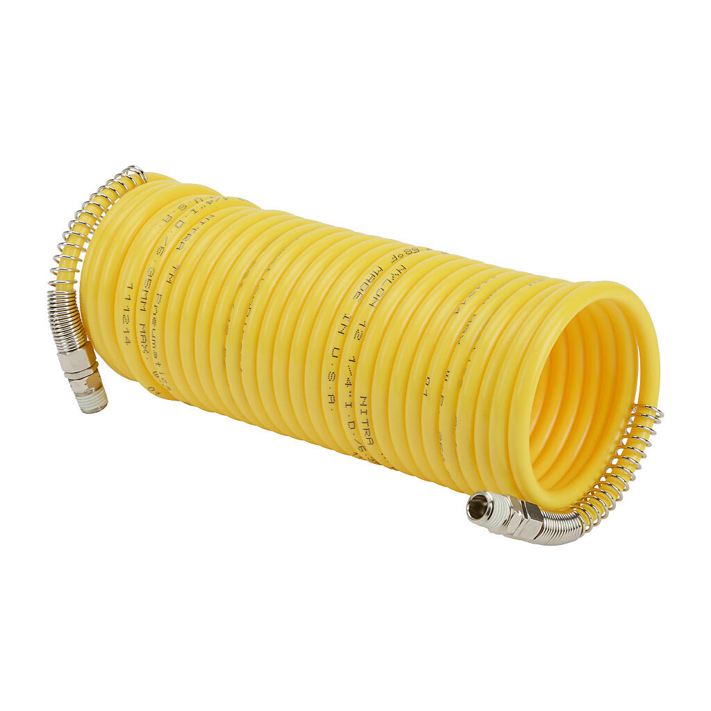 HN14C14-25YEL - NITRA pneumatic coiled hose, nylon 12, yellow, 1/4in inside diameter, 0.3125in outside diameter, (2) 1/4in male NPT nickel-plated brass swivel fittings, 20ft working length.