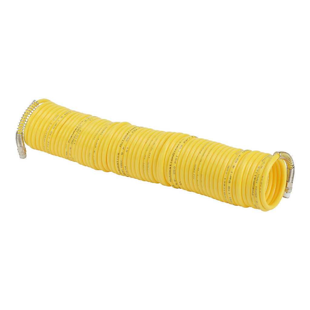 HN14C14-50YEL - NITRA pneumatic coiled hose, nylon 12, yellow, 1/4in inside diameter, 0.3125in outside diameter, (2) 1/4in male NPT nickel-plated brass swivel fittings, 40ft working length.